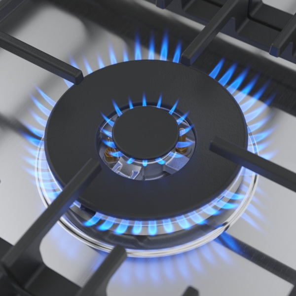 Close-up of stainless steel gas cooktop burner with blue flame and cast iron grates from Bosch appliances collection