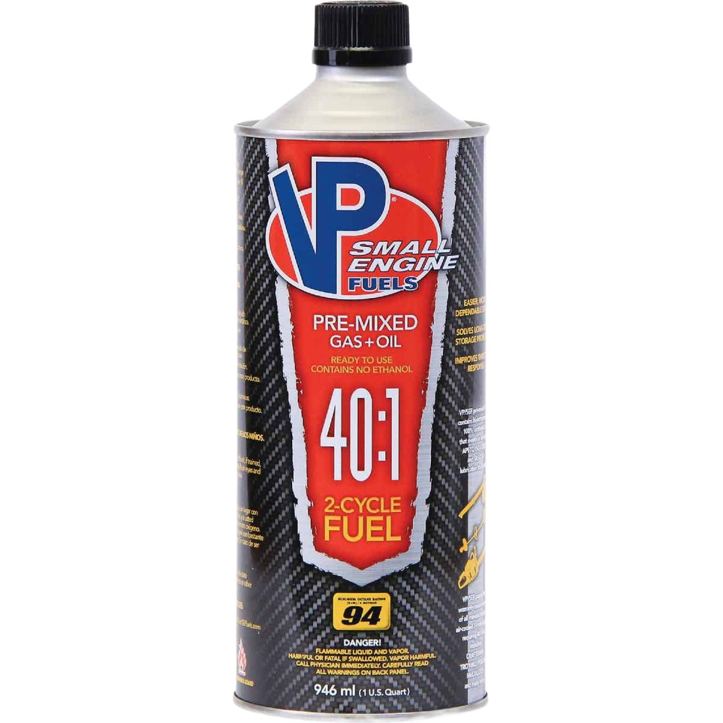 Can of VP Racing Fuels premixed 40:1 small engine gas and oil for outdoor tools in automotive and lubricant collections
