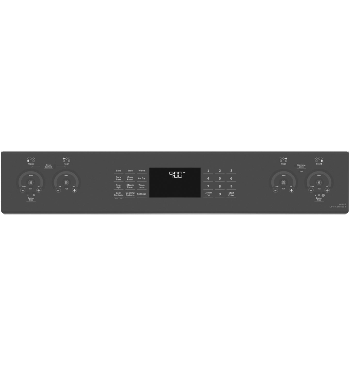 Control panel of a fingerprint resistant slide-in electric range with digital display, knobs, and touch controls for cooking functions