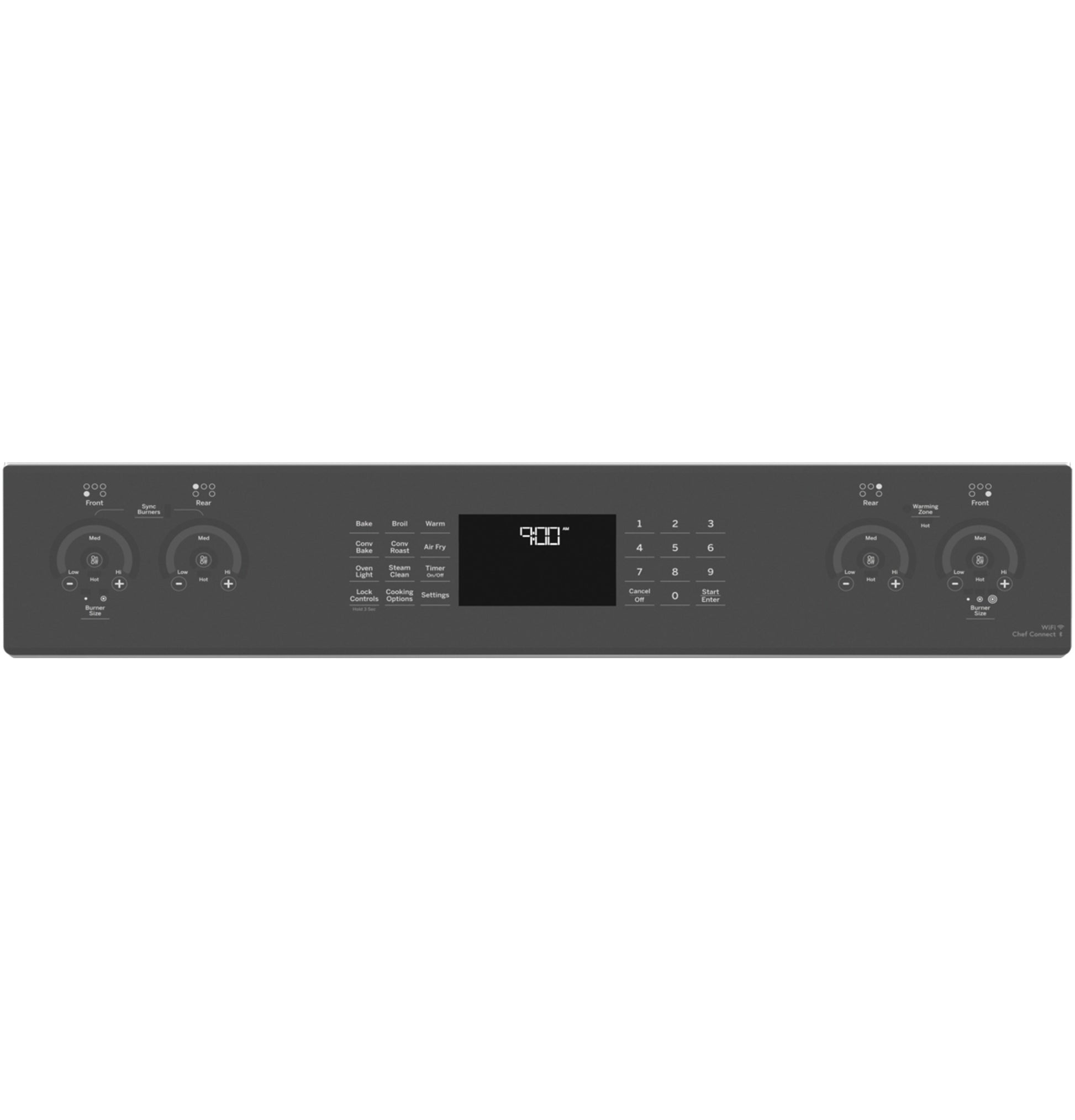 Control panel of a fingerprint resistant slide-in electric range with digital display, knobs, and touch controls for cooking functions