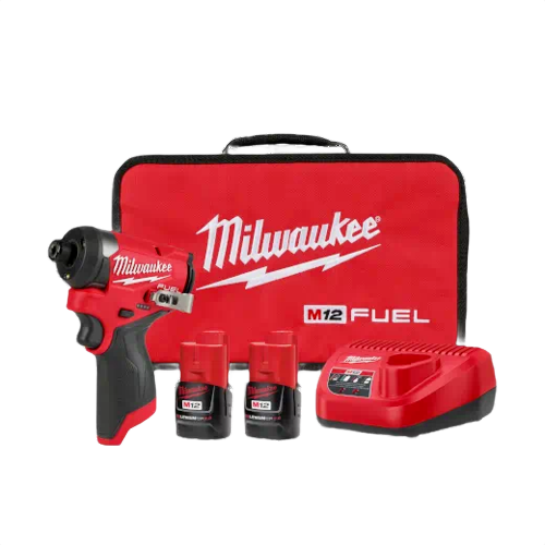 Red cordless impact driver with two batteries, charger, and Milwaukee branded carrying case for home improvement tools