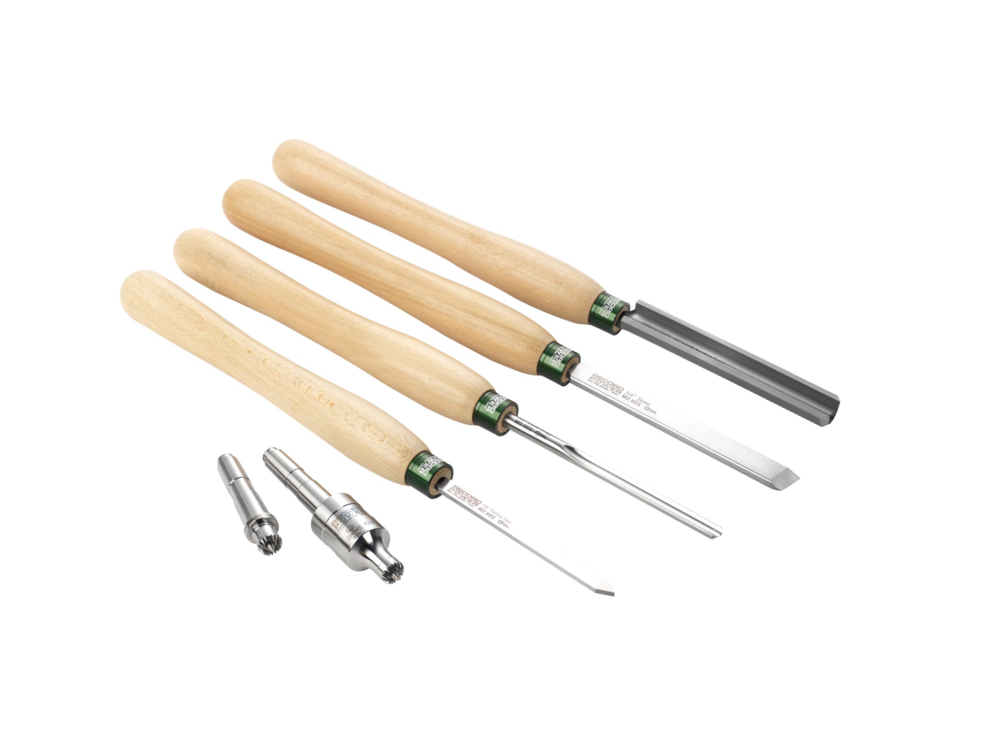 Set of four woodturning tools with ergonomic wooden handles and two metal multito attachments for woodworking projects
