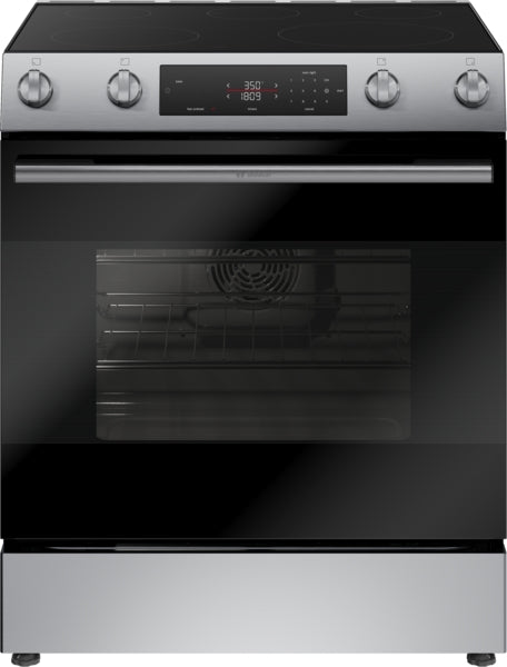 Electric freestanding range with stainless steel finish, digital control panel, four knobs, and spacious oven in kitchen appliances collection