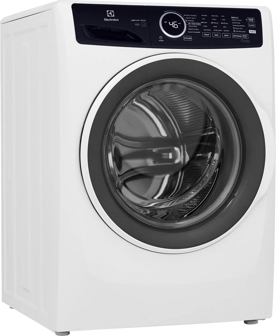 White front load washer with digital display and control panel, part of front load washers in appliances collection