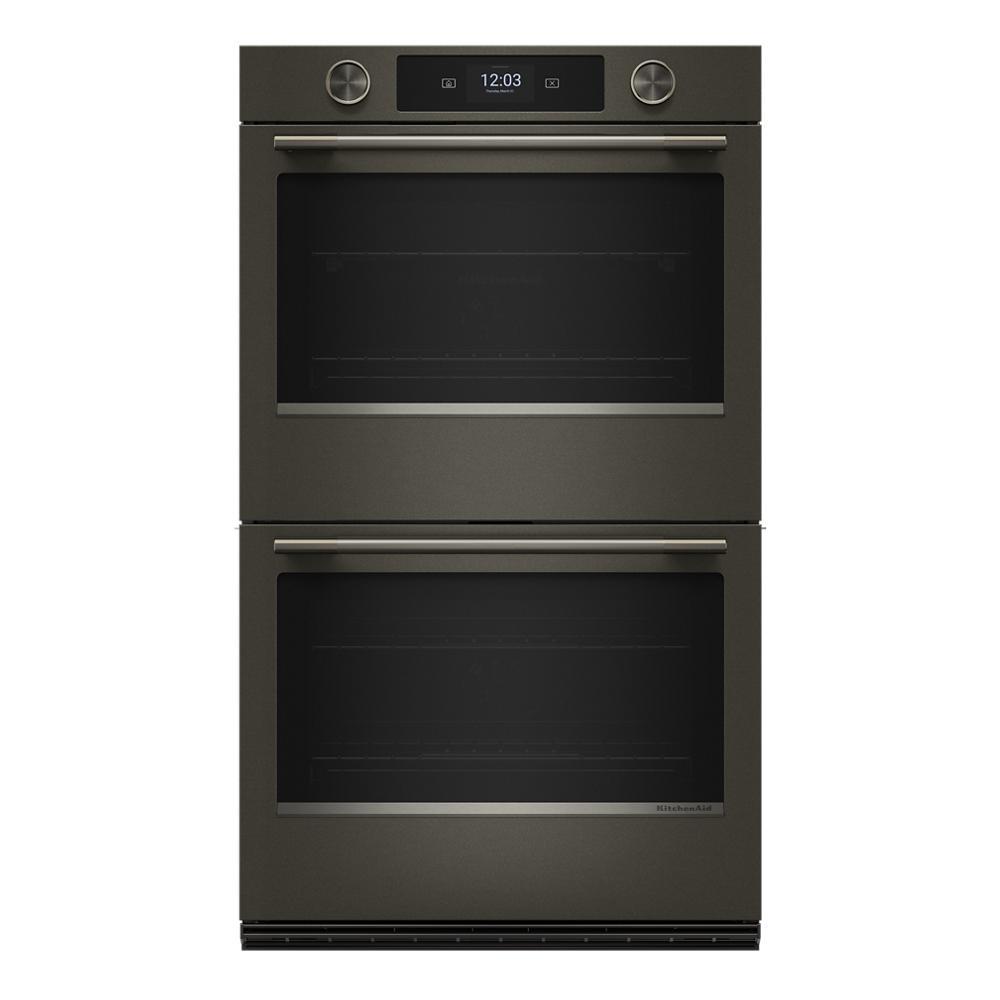 Black ore 30-inch electric double wall oven with LED touchscreen and backlit knobs, featuring precise even-heat true convection, part of KitchenAid Appliances collections.