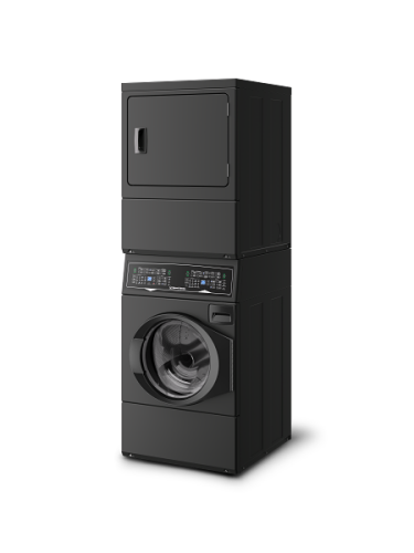 Matte black stacked front load washer and gas dryer combo with digital controls from appliance laundry center collection