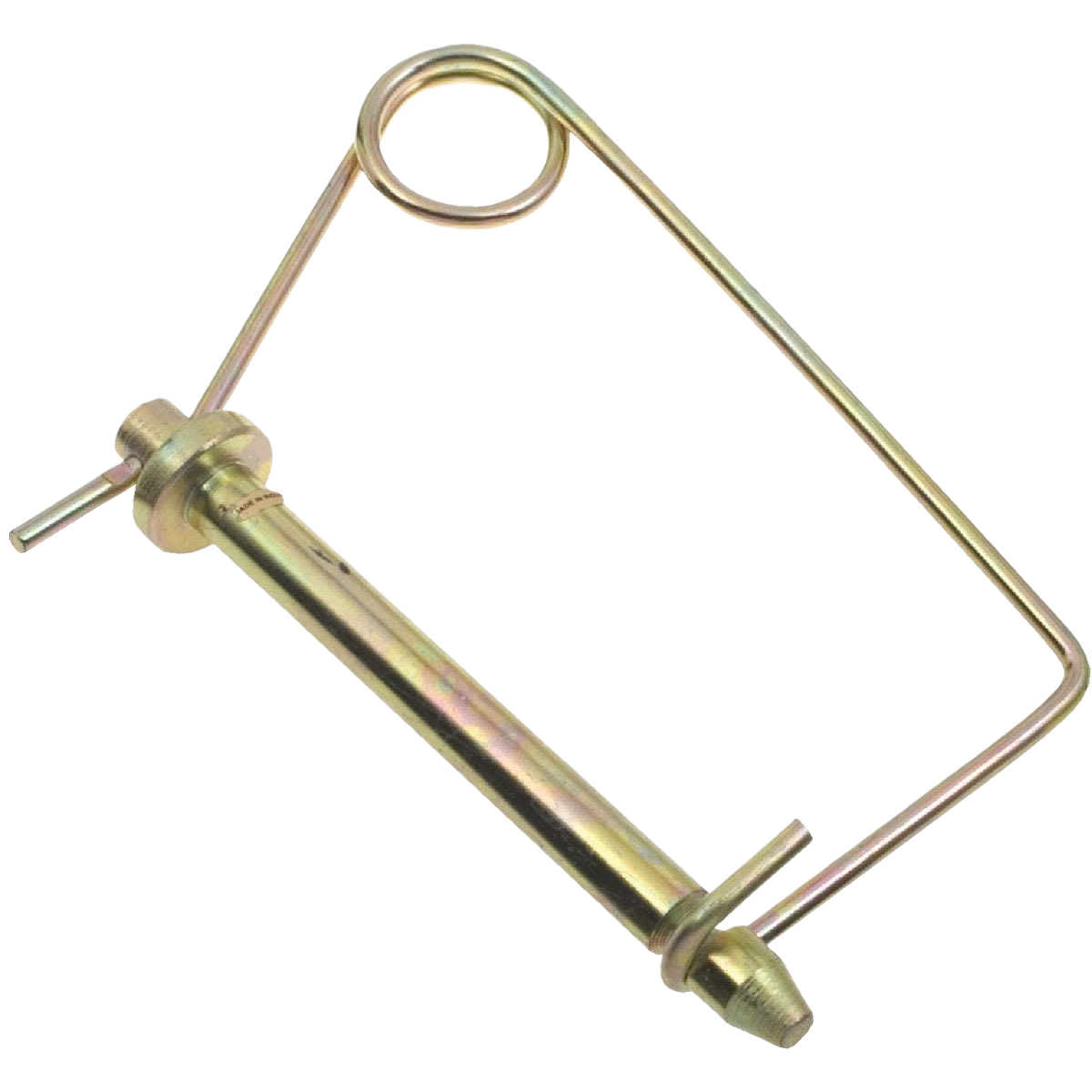 Yellow zinc plated safety-lock pin with spring wire, designed for trailers and towing equipment under $50 collections