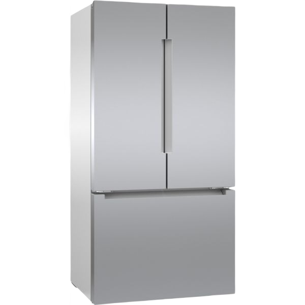 Modern French door bottom mount refrigerator with stainless steel finish and sleek vertical handles in kitchen setting