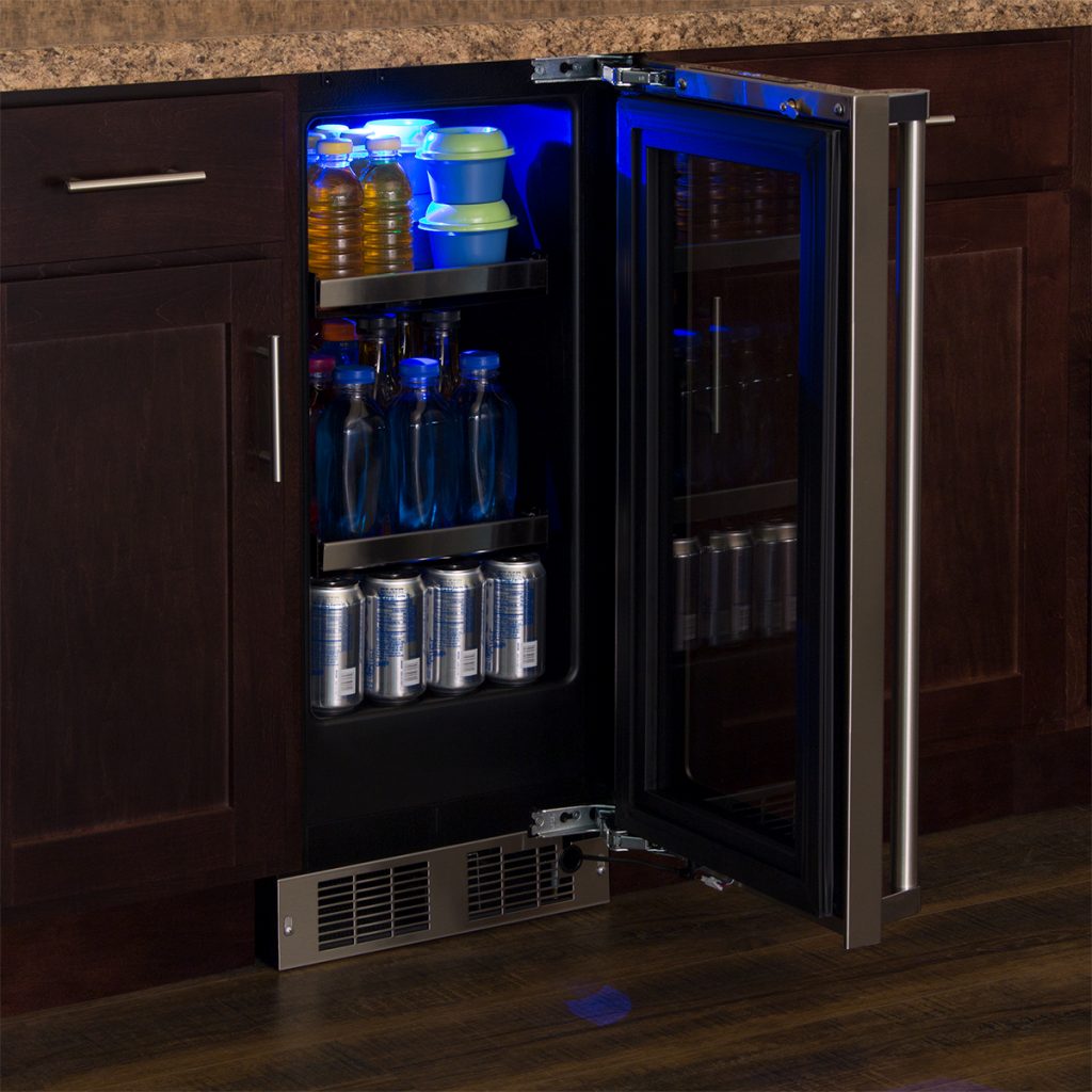 Built-in beverage center with integrated right hinge, tri-color interior lighting, adjustable shelves, and stainless steel vent grille