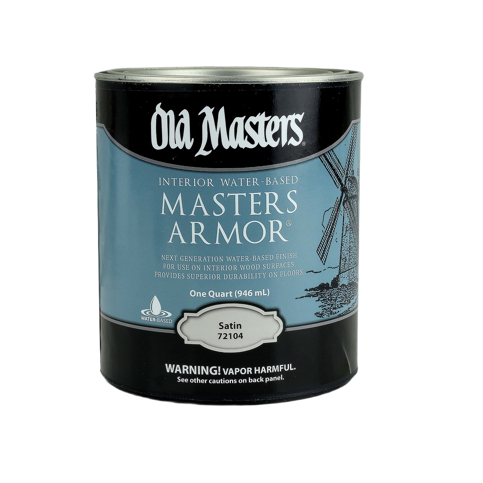 Can of Old Masters Masters Armor satin clear finish for interior wood protection and durable water-based coating