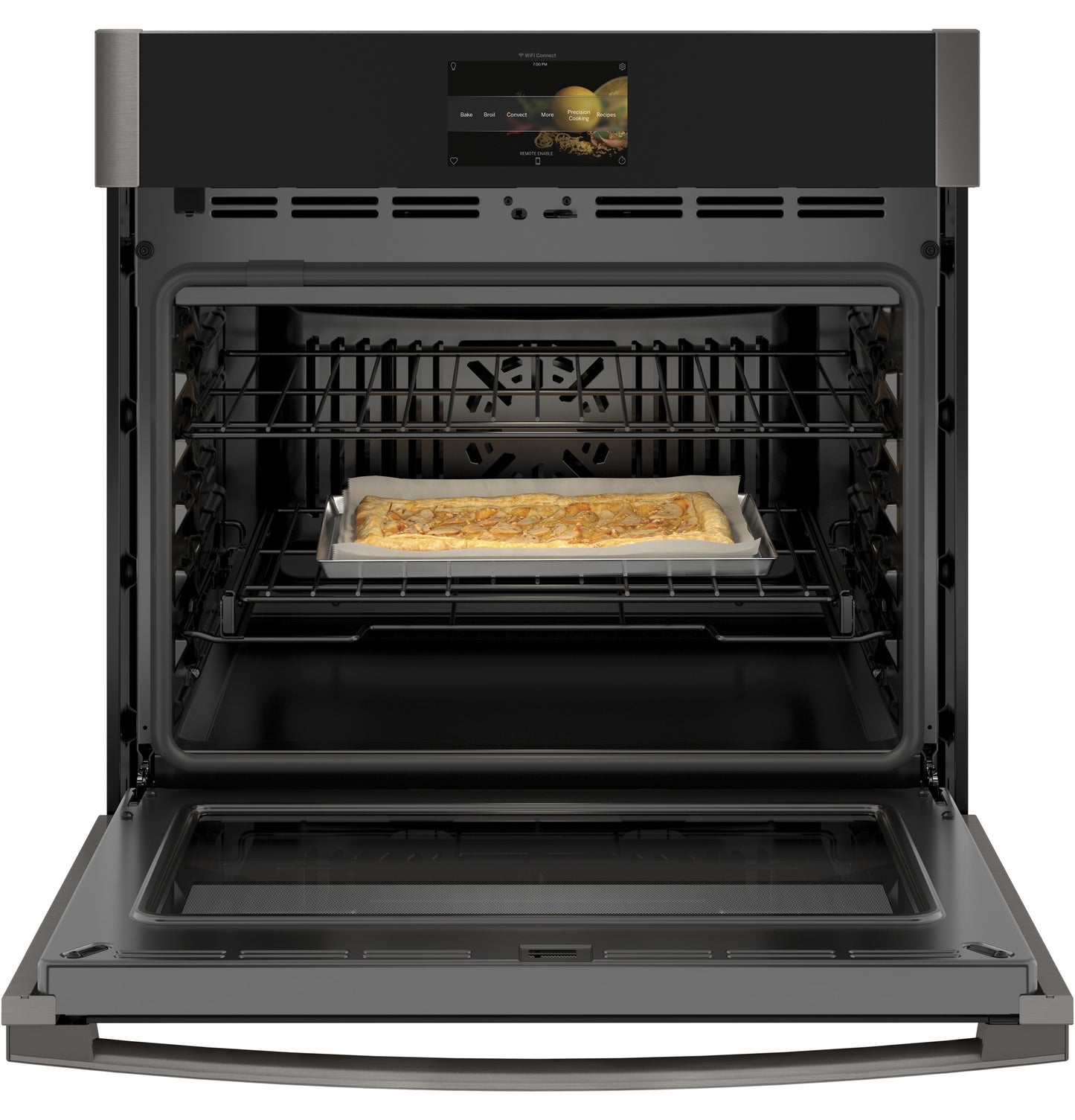 Open GE Profile smart convection single wall oven with digital touchscreen and pizza baking inside for kitchen appliances collection