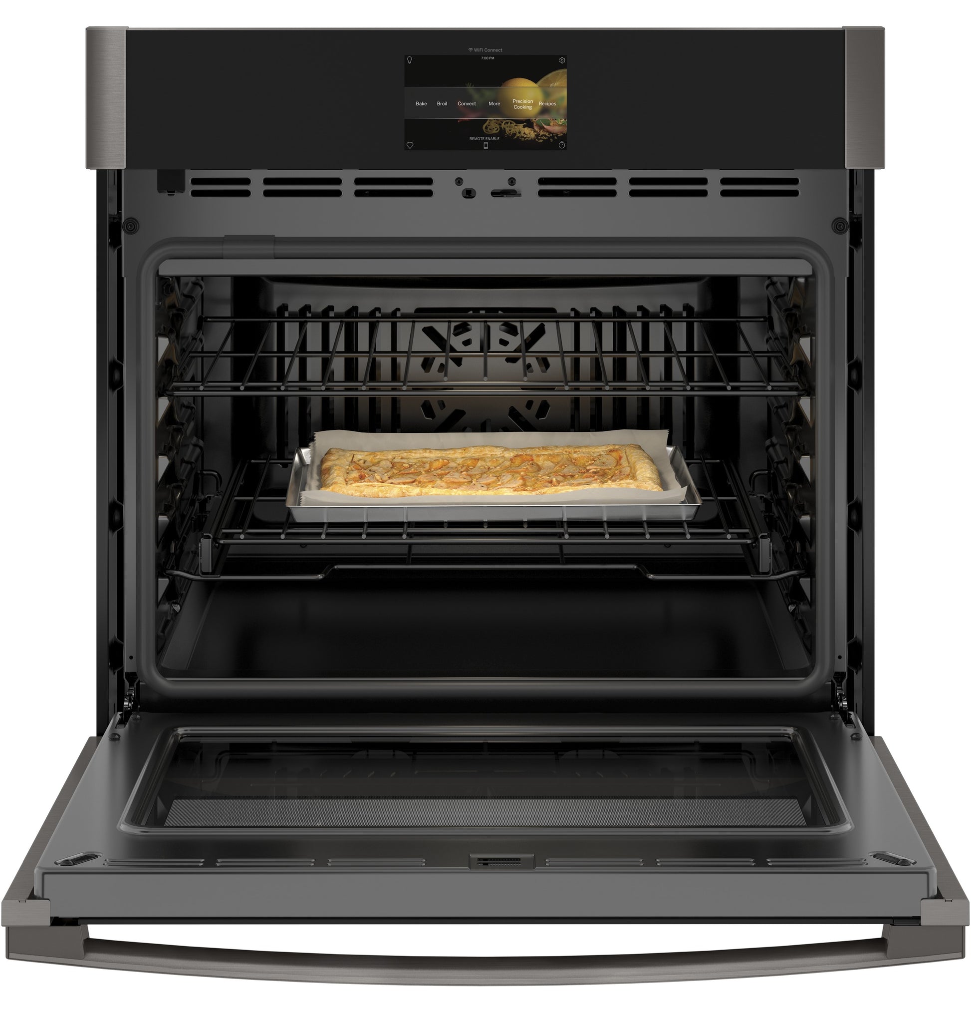Open GE Profile smart convection single wall oven with digital touchscreen and pizza baking inside for kitchen appliances collection