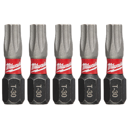 Set of five 1-inch T30 TORX impact duty bits with red band for use in power tool accessories and tool kits under $50