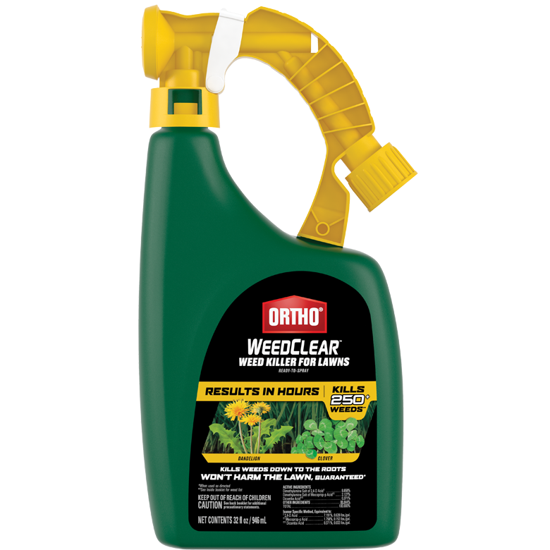 Green and yellow Ortho WeedClear spray bottle for lawns showing weed killer product with label and spray nozzle