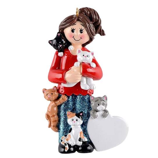 Whimsical Christmas ornament of smiling woman in red with five colorful cats for festive tree decorations under $50