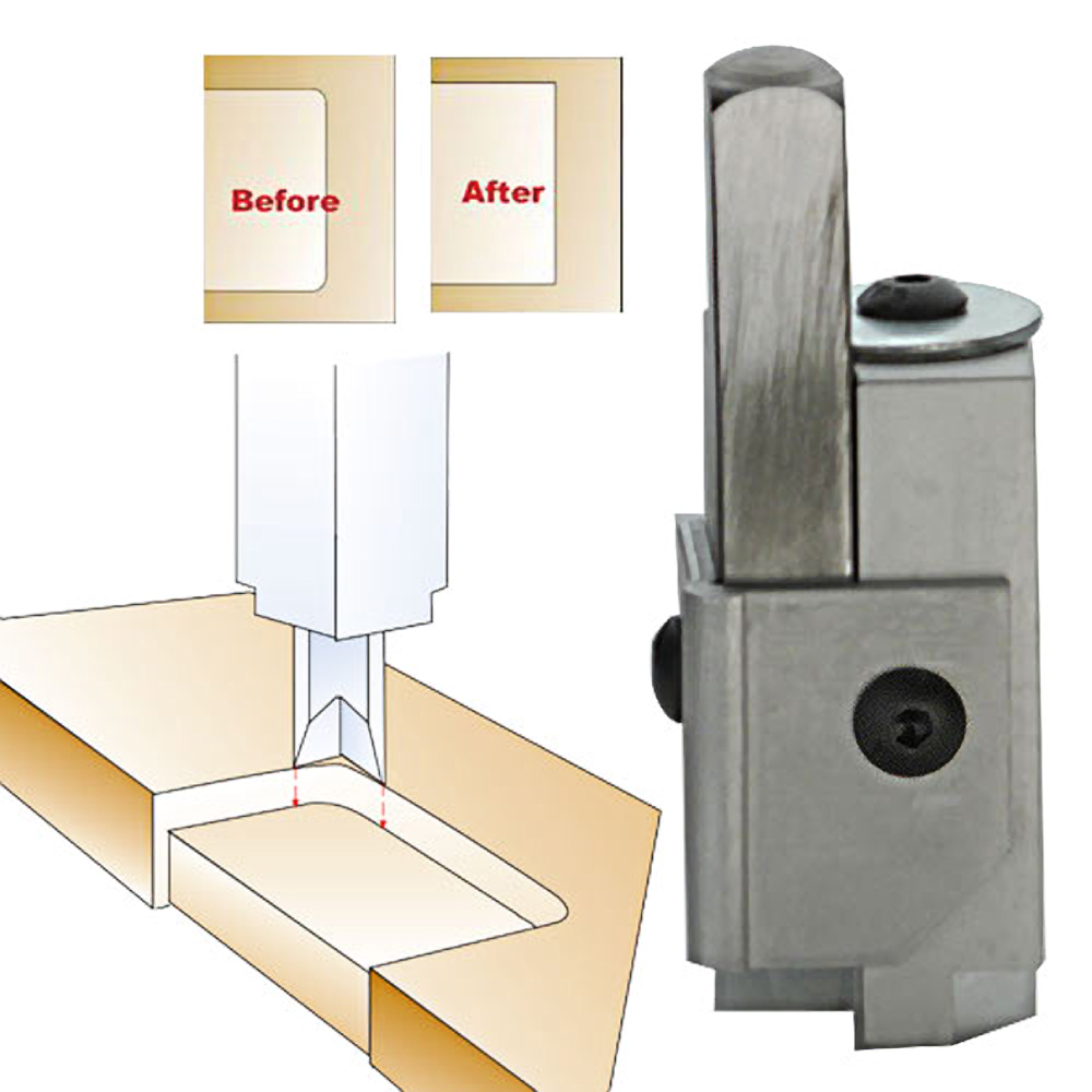 Close-up of spring-loaded corner chisel tool next to illustration showing improved inside corners in woodworking projects