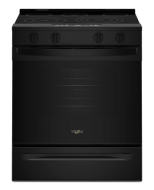 Black 30-inch electric smart range with smooth cooktop and control knobs in kitchen appliances and ranges collection