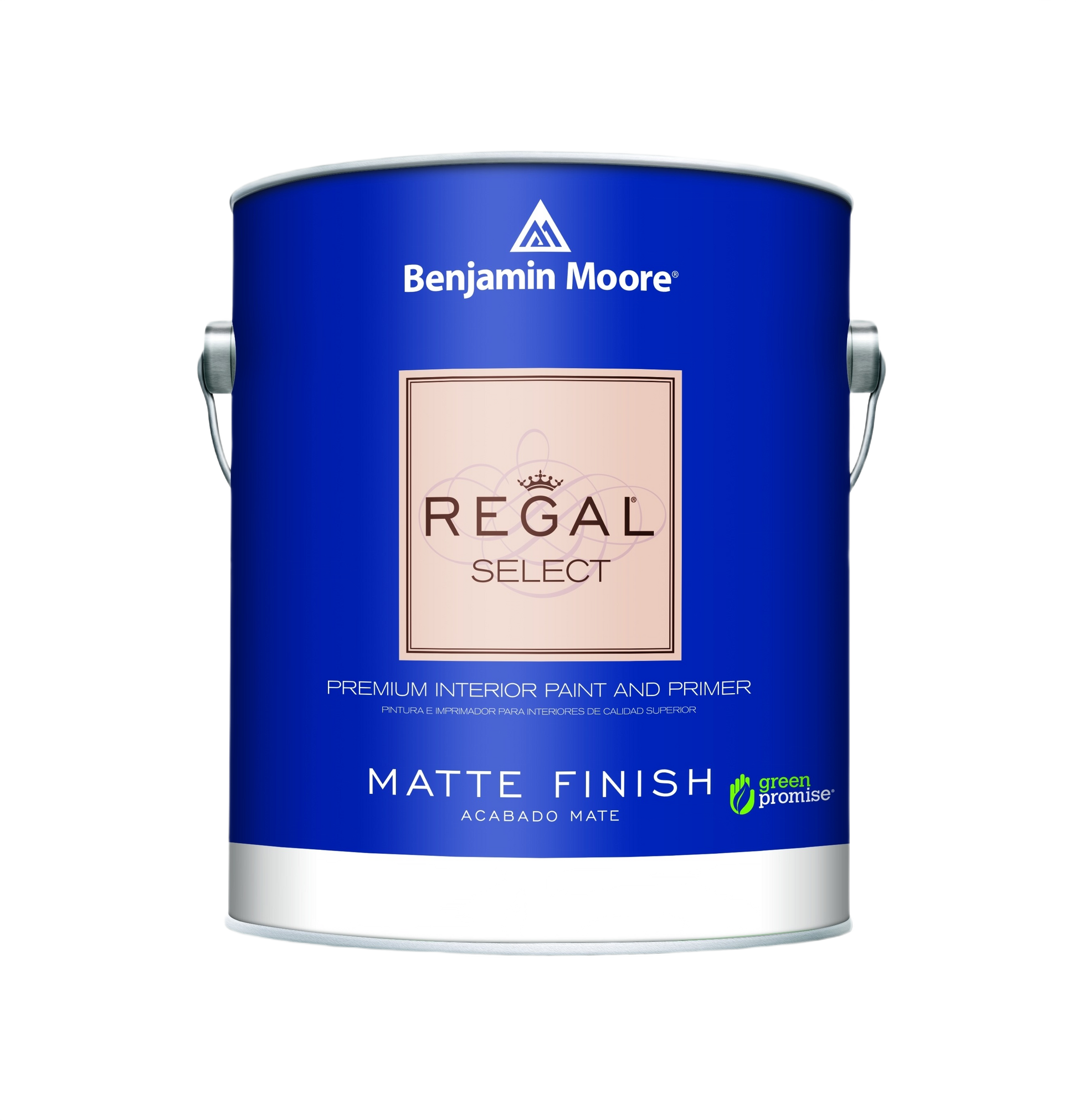 Blue metal paint can of Benjamin Moore Regal Select matte finish interior paint and primer for home improvement collections