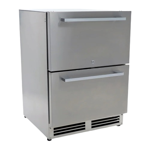 Compact stainless steel undercounter drawer refrigerator with two pull-out drawers in appliances collection