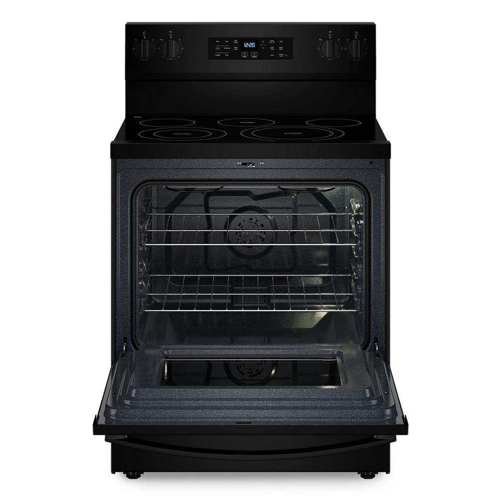 30-inch black electric range with smooth cooktop, digital touch controls, and open oven from Ranges & Kitchenware collection