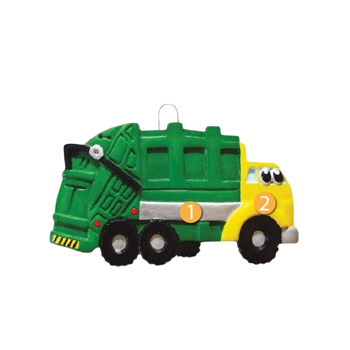 Green and yellow garbage truck toy ornament with eyes for Christmas Ornaments & Tree Decorations collection