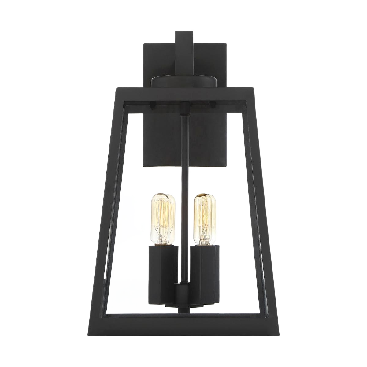 Matte black large outdoor wall lantern with clear glass and four vintage-style light bulbs for outdoor living spaces