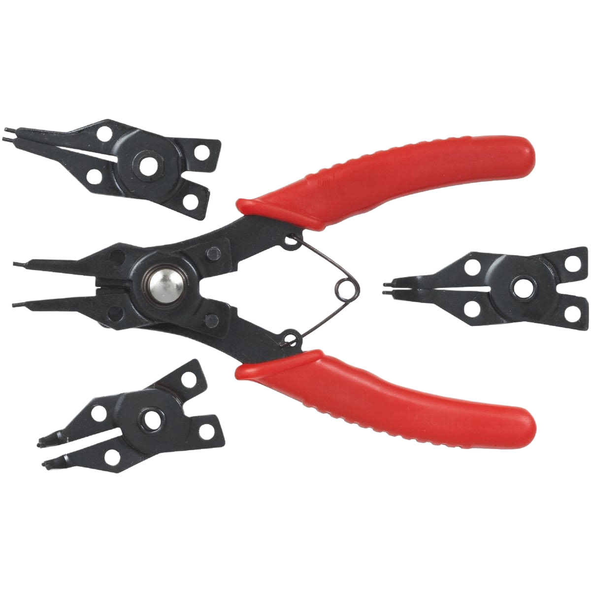 Red-handled snap ring pliers with four interchangeable black jaw attachments for precision home improvement tasks