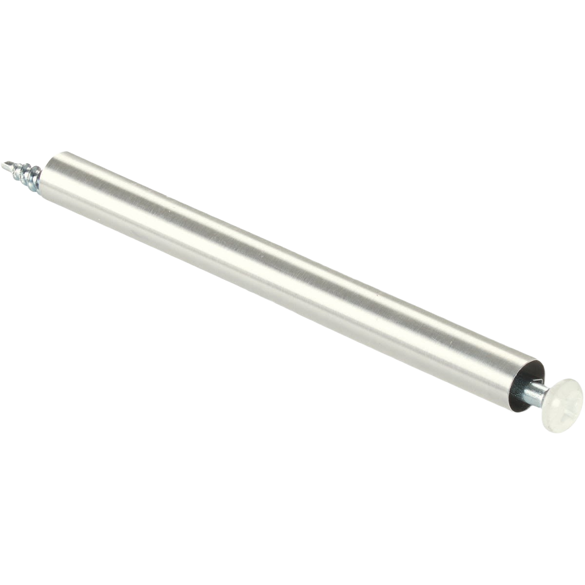 Silver metal ferrule with threaded end and white plastic cap for home improvement or roofing projects