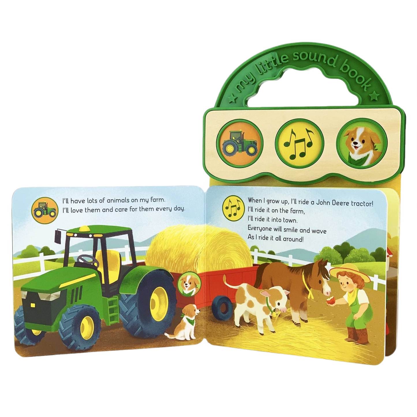 Children's sound book with green tractor, farm animals, and musical notes in a green handle case for kids.