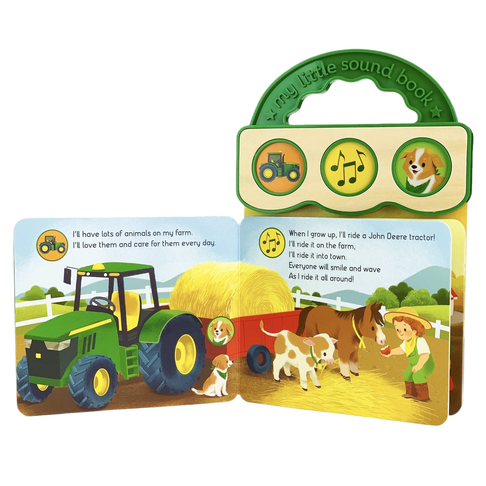 Children's sound book with green tractor, farm animals, and musical notes in a green handle case for kids.