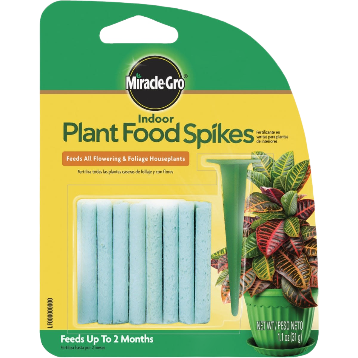 Pack of plant food spikes in green and yellow packaging for indoor flowering and foliage plants feeding up to two months