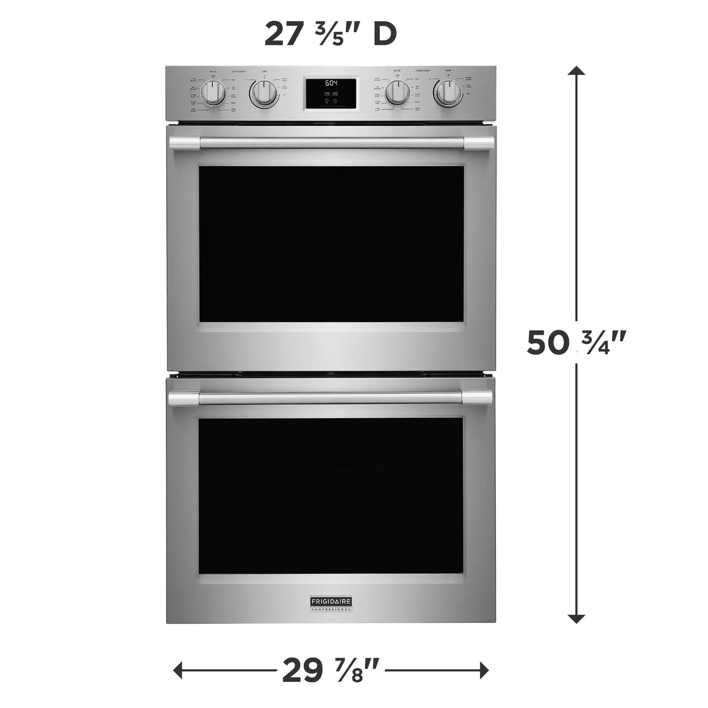 Stainless steel double wall oven with control knobs and digital display from kitchen appliances collection.