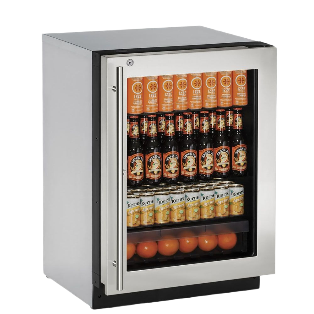 Stainless steel compact refrigerator with glass door, lock, adjustable shelves, stocked with beverages and fruit from Appliances collection