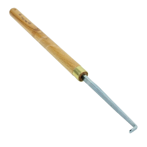 Wooden-handled metal tool with a bent tip designed for detailed tasks in home improvement and woodworking projects