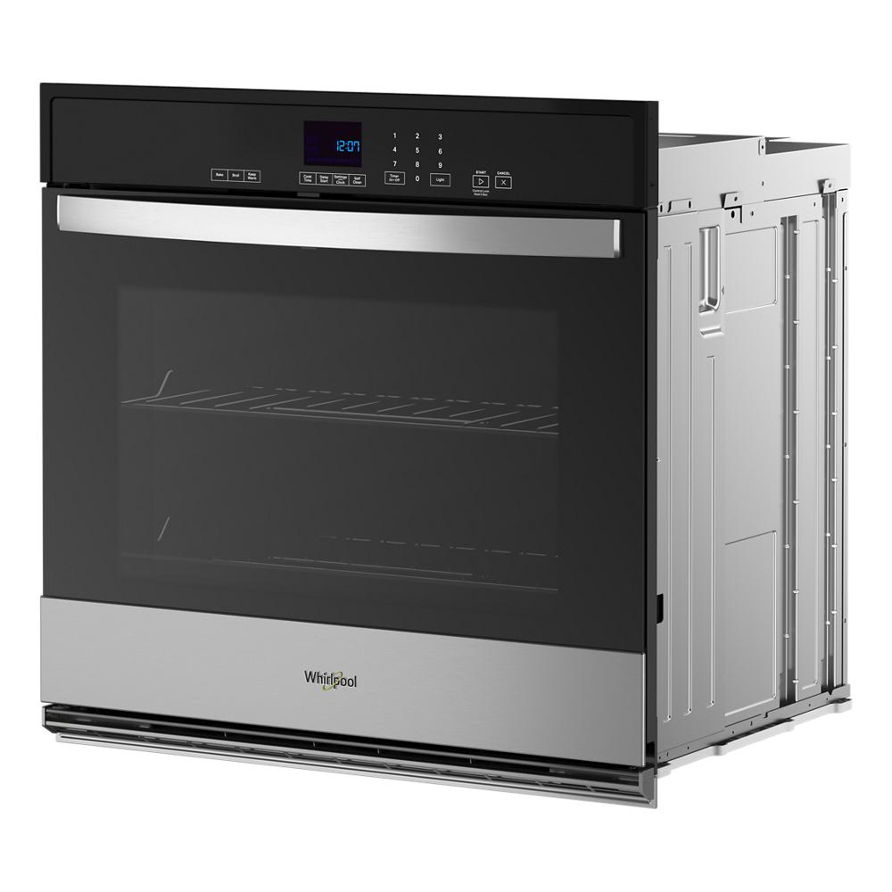 Black and stainless steel 30-inch self-cleaning single wall oven from Whirlpool kitchen appliances collection