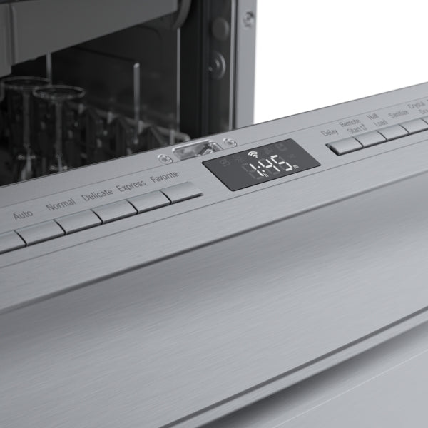 Close-up of stainless steel dishwasher control panel showing digital display and multiple cycle buttons from Bosch appliances collection
