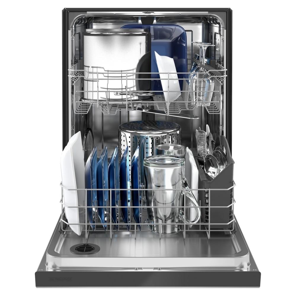 Open stainless steel dishwasher loaded with dishes and utensils in kitchen appliance and dishwasher collections