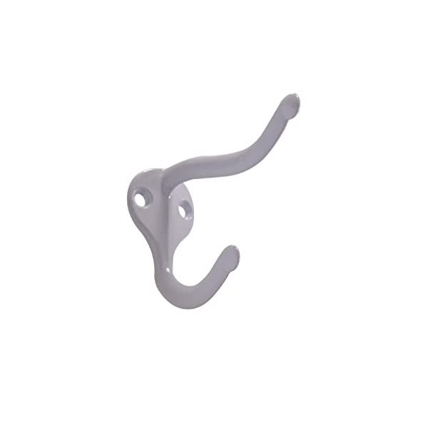 White metal coat and hat hook with two mounting holes for use in storage and organization hardware collections