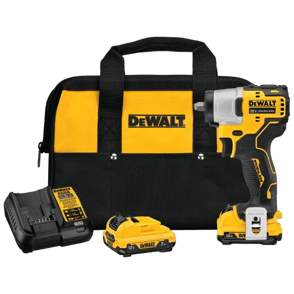 Cordless yellow and black 12V brushless impact wrench kit with battery, charger, and durable carrying bag for tools and home improvement tasks