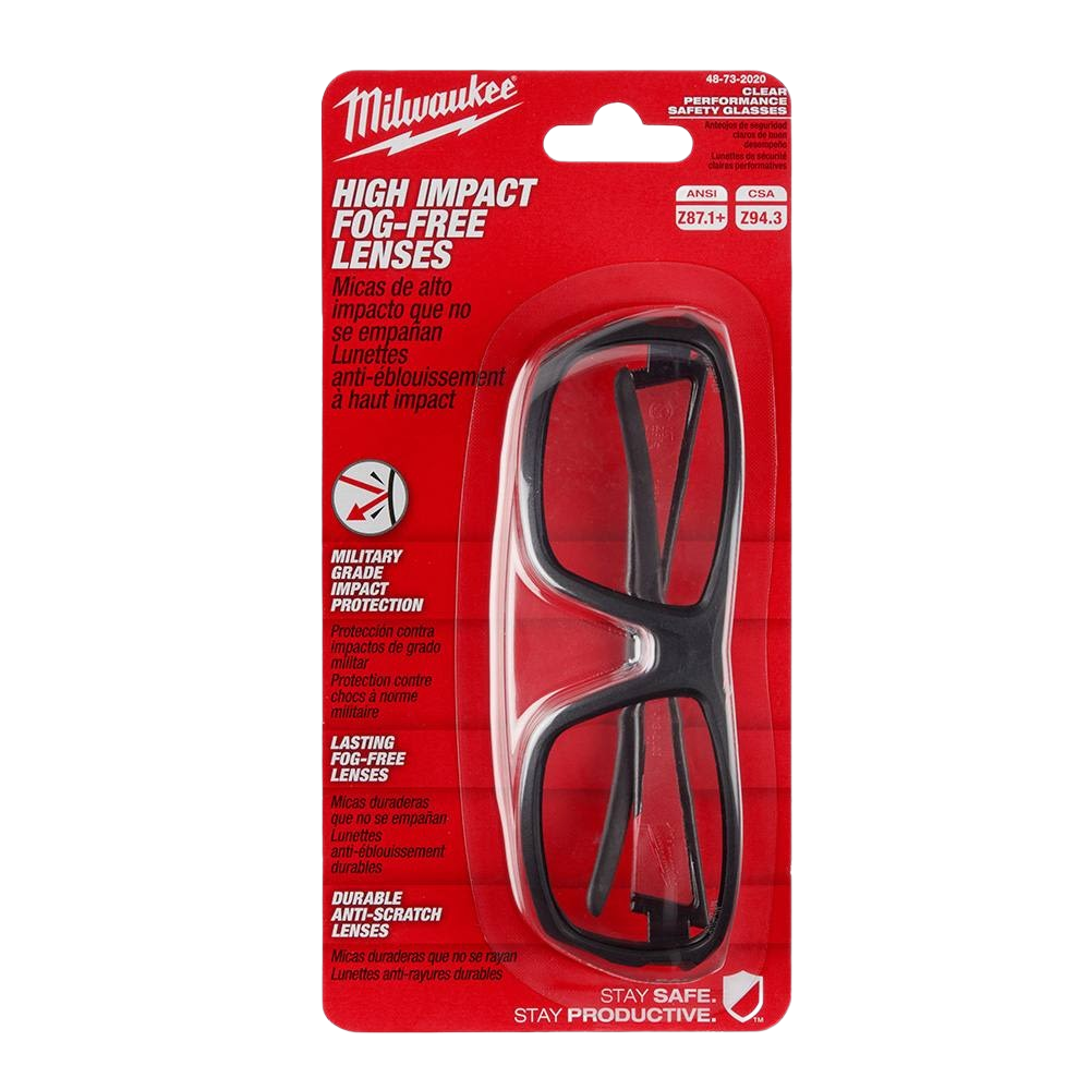Milwaukee clear lens safety glasses with black frame designed for high impact and fog-free protection in tools and home improvement