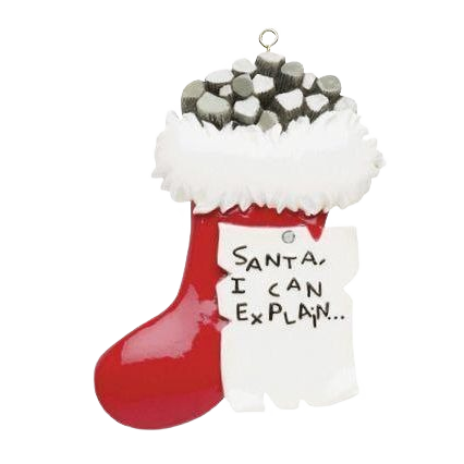 Red Christmas stocking ornament filled with coal and humorous "Santa I can explain" note holiday decoration under 50