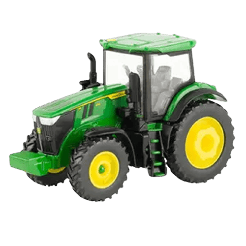 Green and yellow 1/64 scale toy tractor model with detailed cab and large rear tires for collectors and enthusiasts