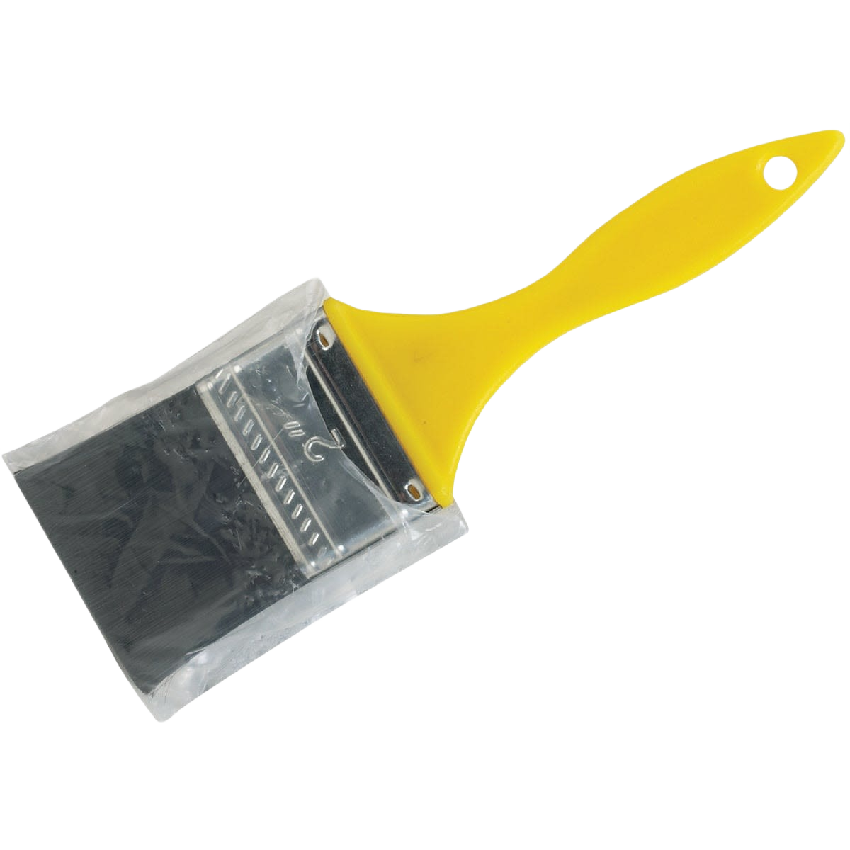 2-inch flat paint brush with yellow plastic handle and synthetic polyolefin bristles for home improvement tasks