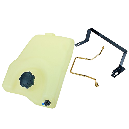 Off-white plastic fuel tank with black cap, metal mounting bracket, and bent brass fuel lines for equipment repair