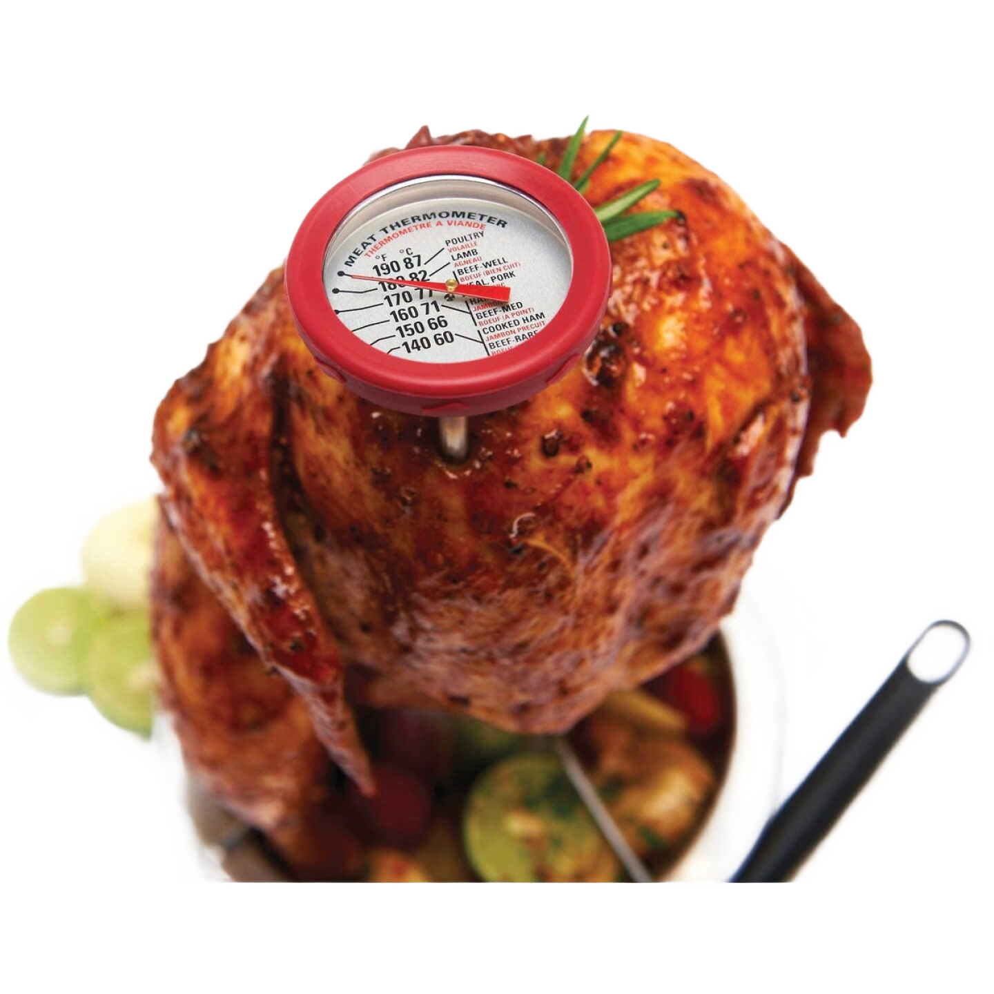 Stainless steel meat thermometer with red bezel inserted into roasted chicken for cooking temperature monitoring