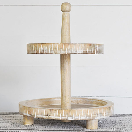 Two-tier wooden riser with carved detailing, ideal for home decor and versatile countertop or table display.