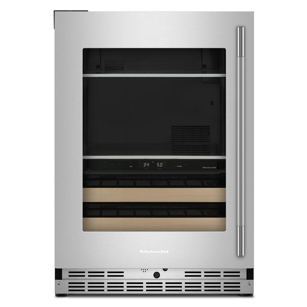 24 inch stainless steel beverage center with glass door, wood-front racks, digital temperature control, and undercounter design