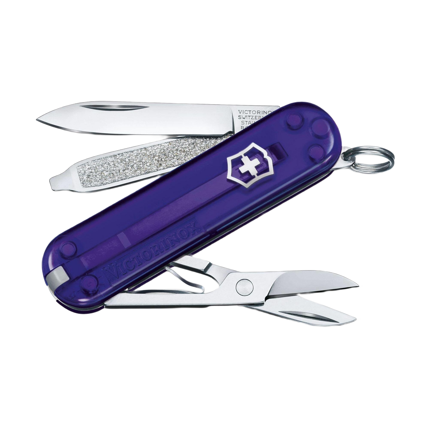 Compact transparent purple multi-tool pocket knife with nail file, scissors, and small blade in cutting tools collection