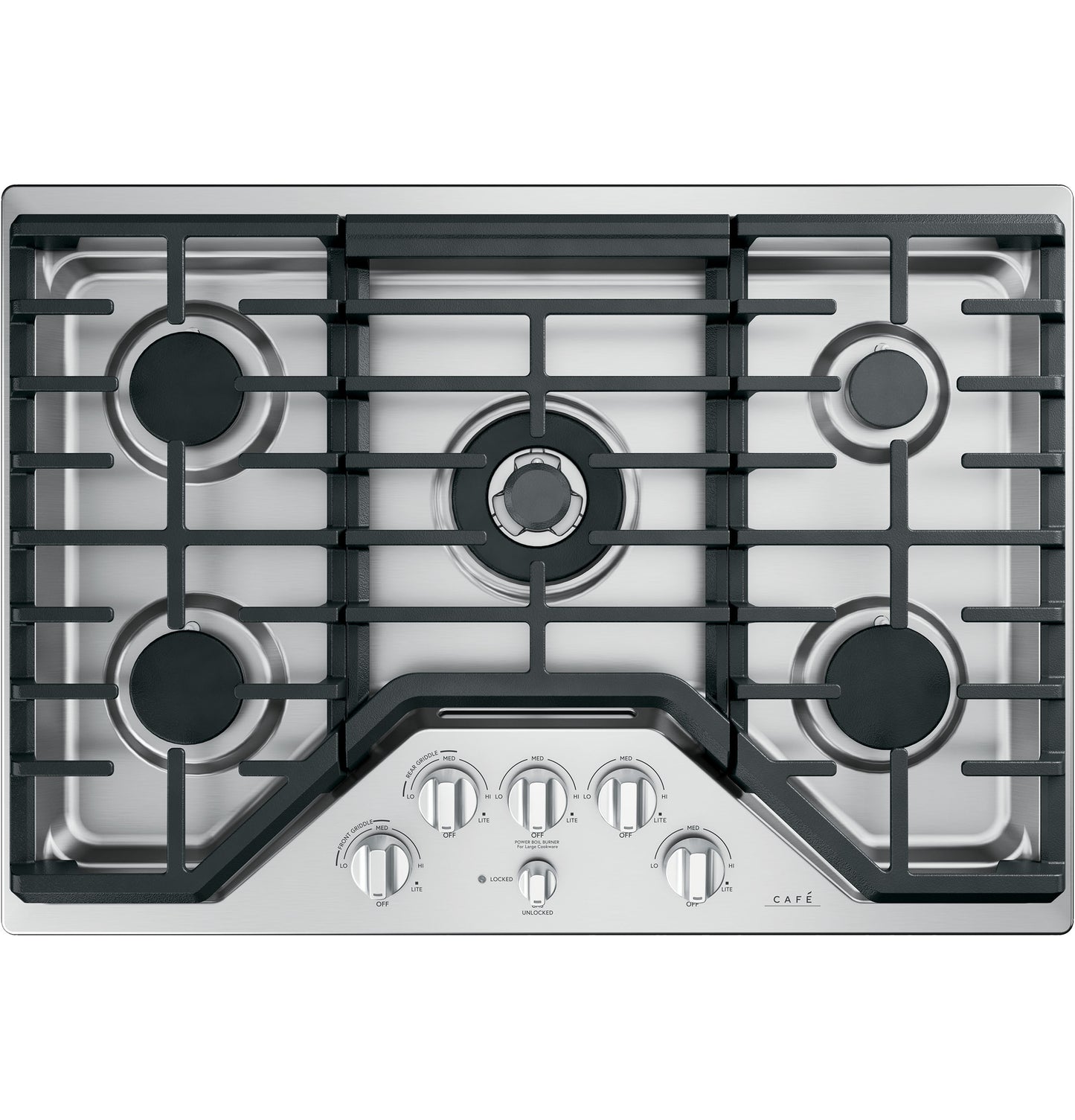 Stainless steel gas cooktop with five burners and front control knobs from Cooktops and Appliances collections