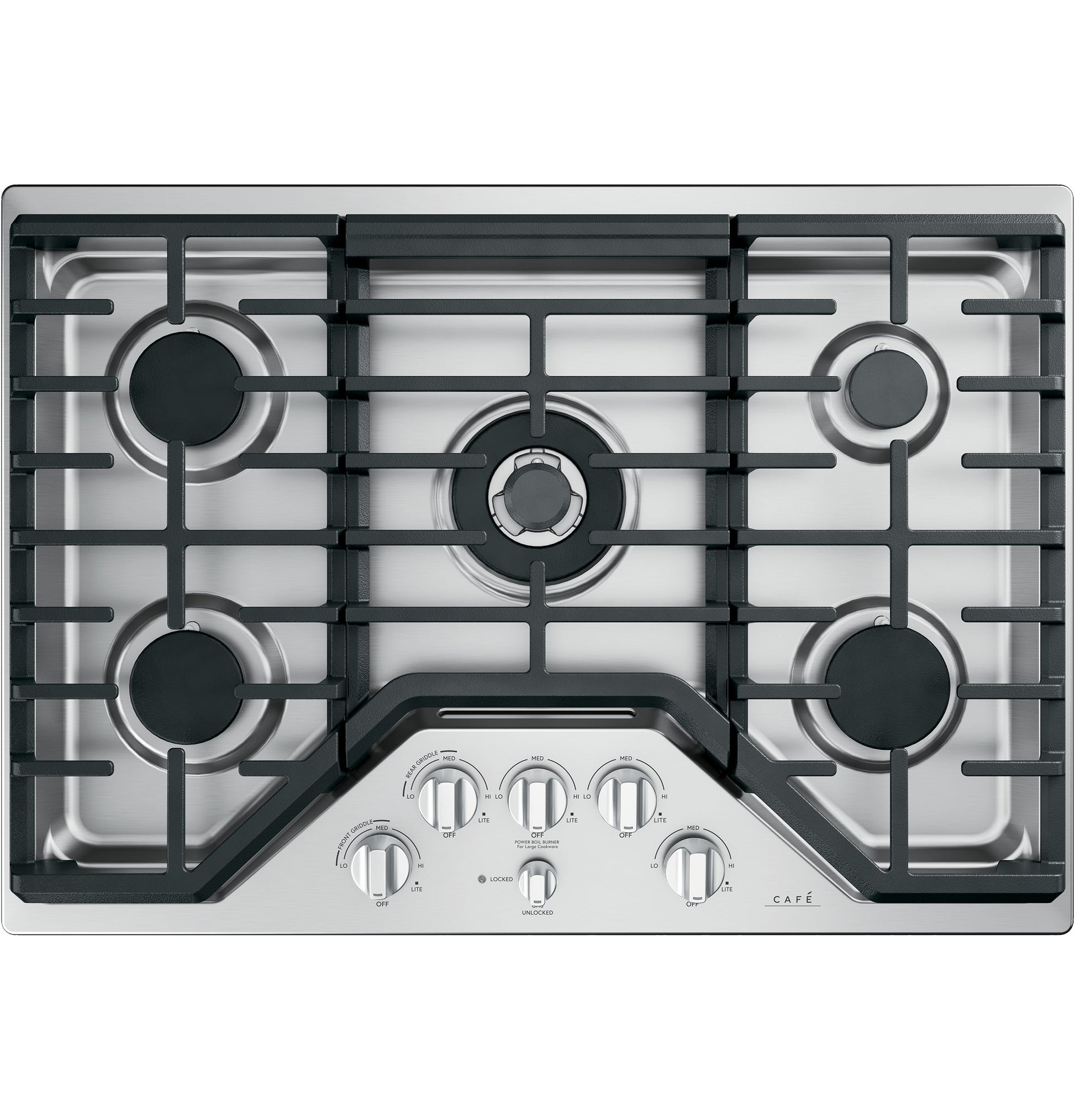 Stainless steel gas cooktop with five burners and front control knobs from Cooktops and Appliances collections